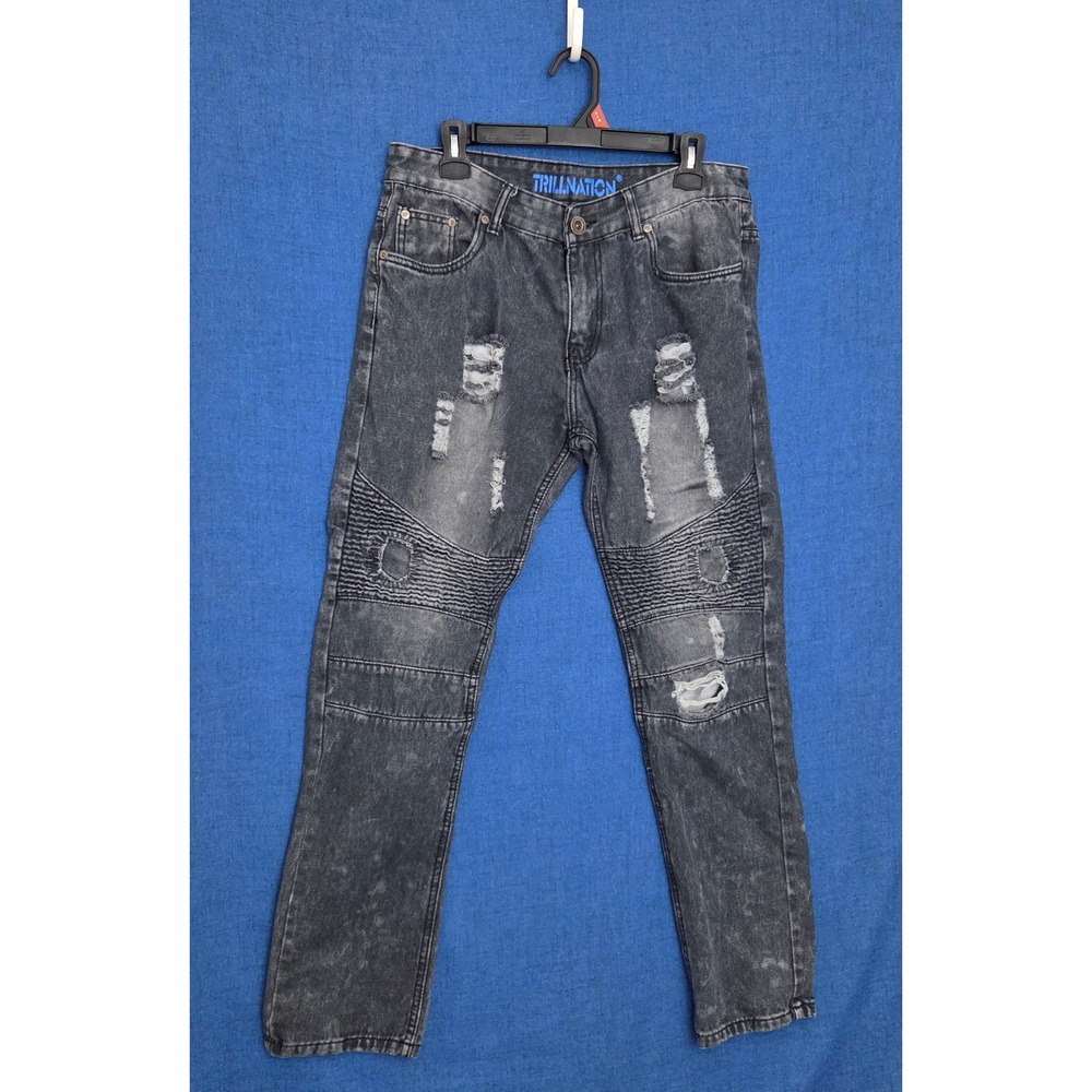 Trillnation Mens Moto Biker Distressed Acid‎ Wash Black Jeans 34x32 TND139